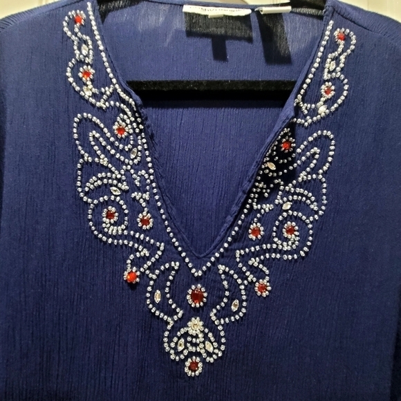 Cathy Daniels 1X 100% Viscose Beaded V Neck Ribbed Blouse Boho Embellished - Picture 6 of 8